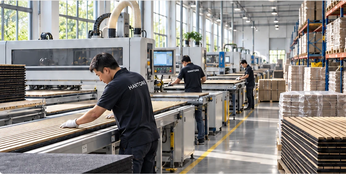 Production floor with workers and panel machinery