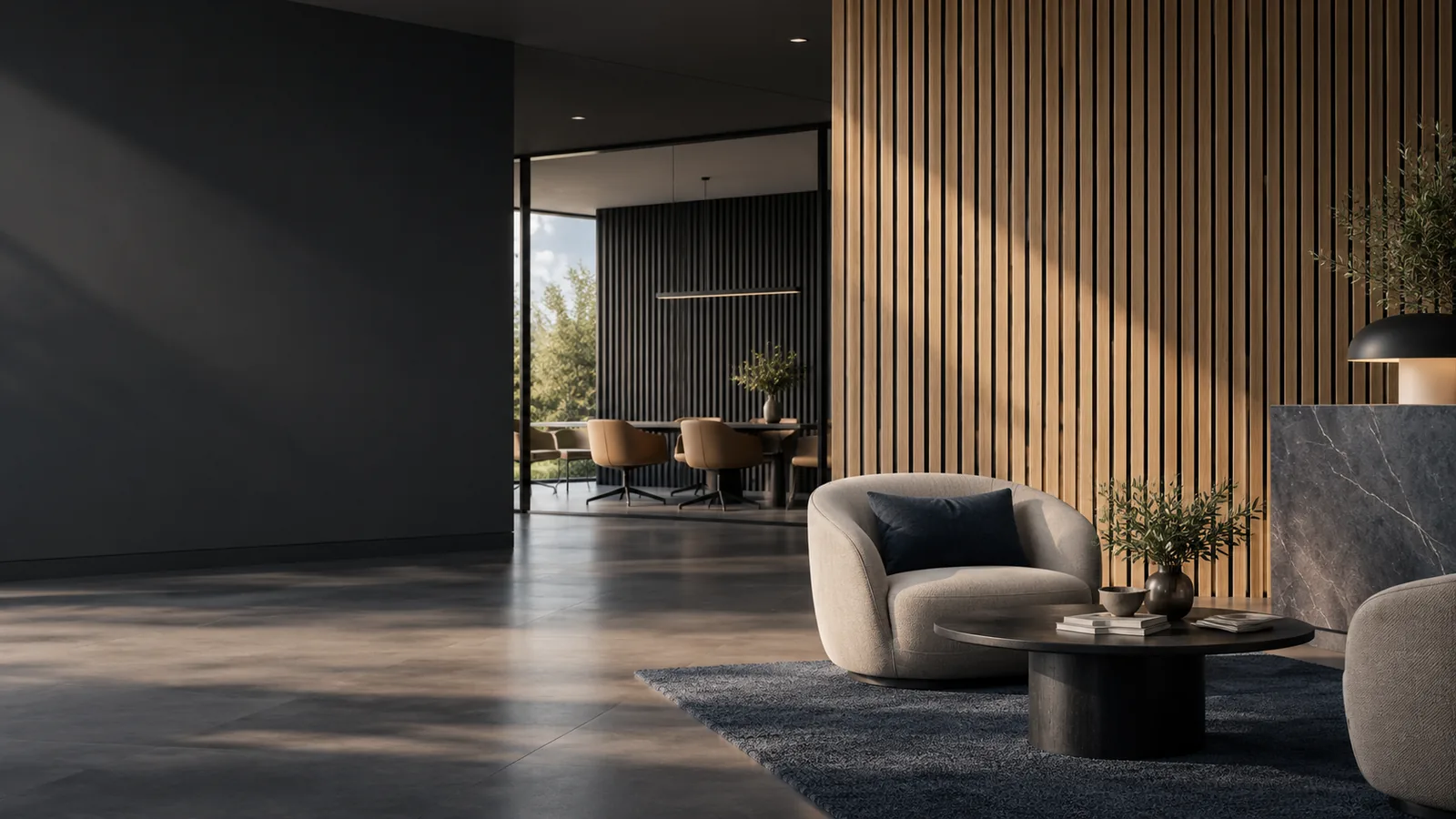 Design visualization: wood slat acoustic panels in a lounge scene