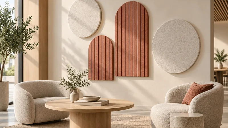 Visualizzazione di design: area lounge con pannelli acustici in feltro PET rotondi e ad arco