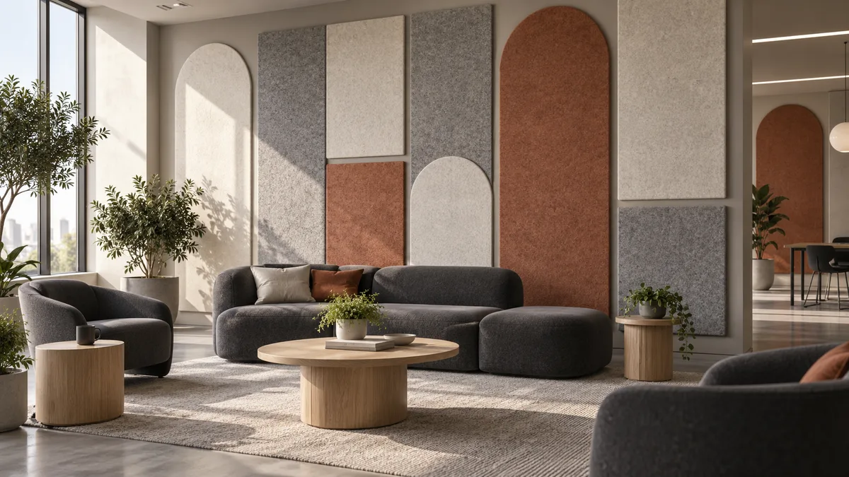 Design visualization: PET felt acoustic panels in an open office (illustrative render, not a factory photo)